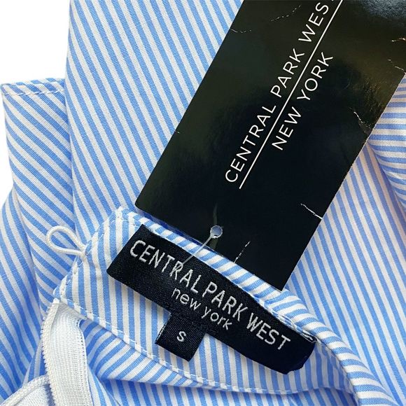 Central Park West x REVOLVE Blue Pinstripe Fold Over Cold-Shoulder Blouse Small - Picture 7 of 7